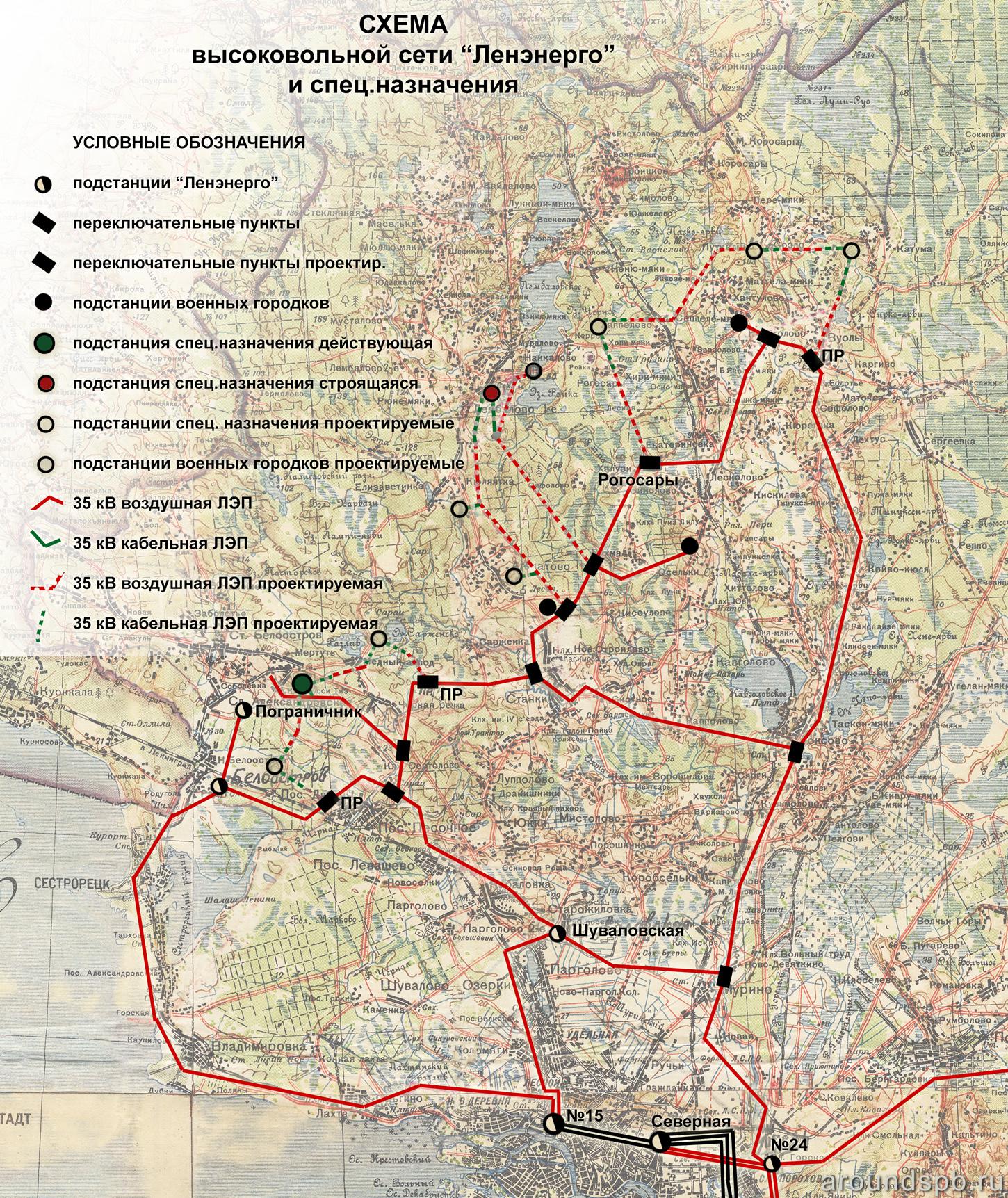 Схема высоковольтной сети Ленэнерго и специального назначения. 1938 год.